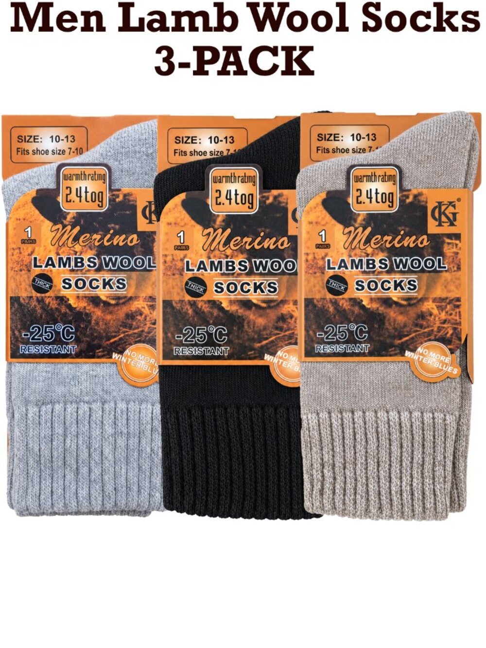 Men Merino Lamb Wool Socks, Warm Winter Thermal Hiking Boots Socks, 3-Pairs, NEW